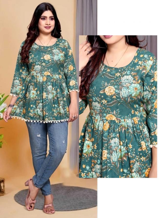 Rayon Green Casual Wear Printed Readymade Top